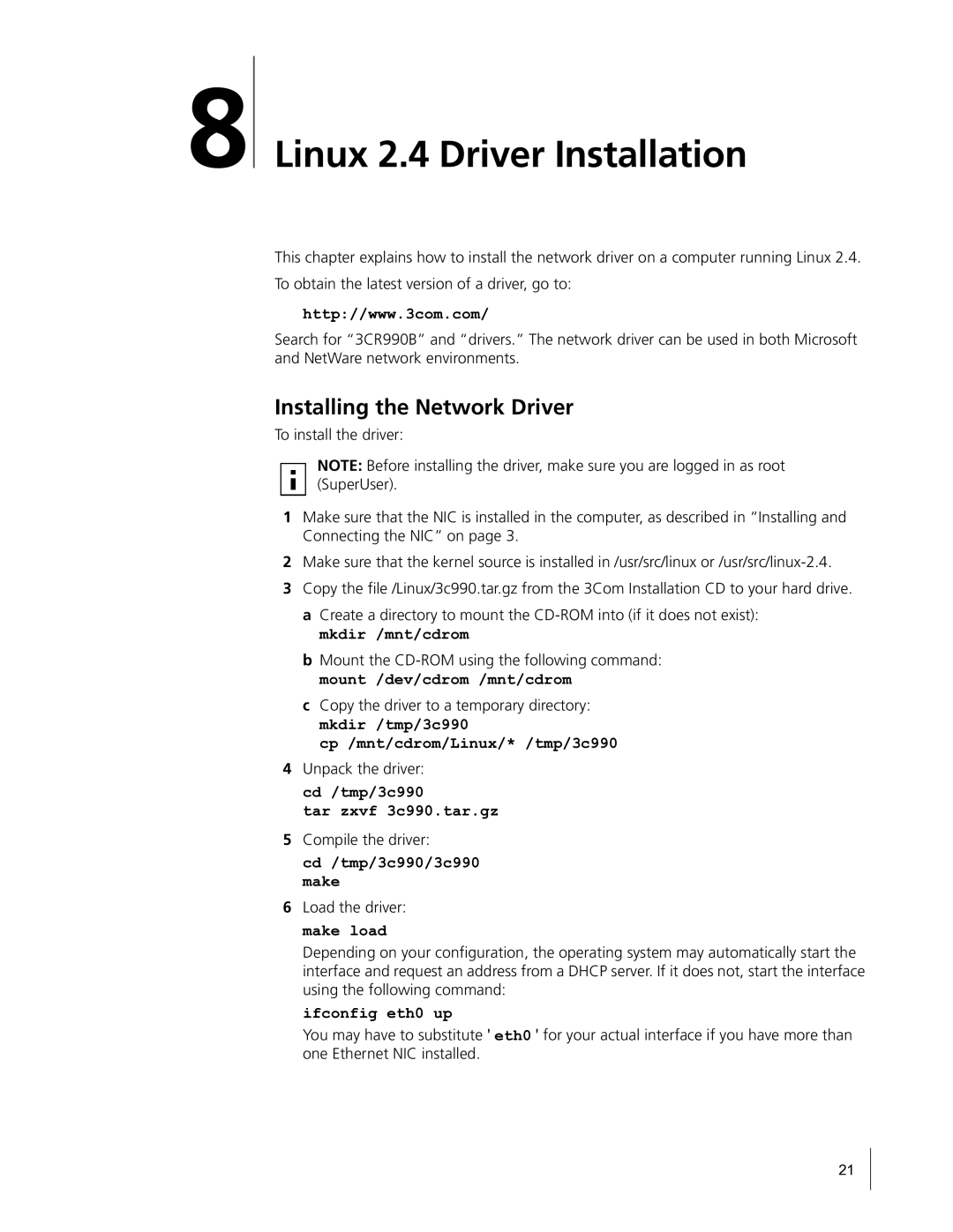 HP Embedded Firewall manual Linux 2.4 Driver Installation, Cd /tmp/3c990/3c990 make 