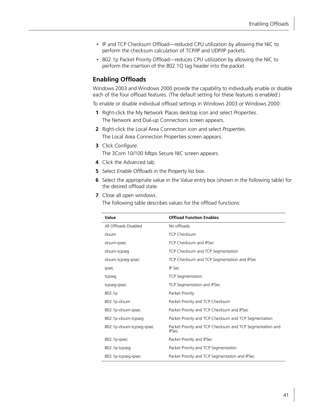 HP Embedded Firewall manual Enabling Offloads, Value Offload Function Enables 