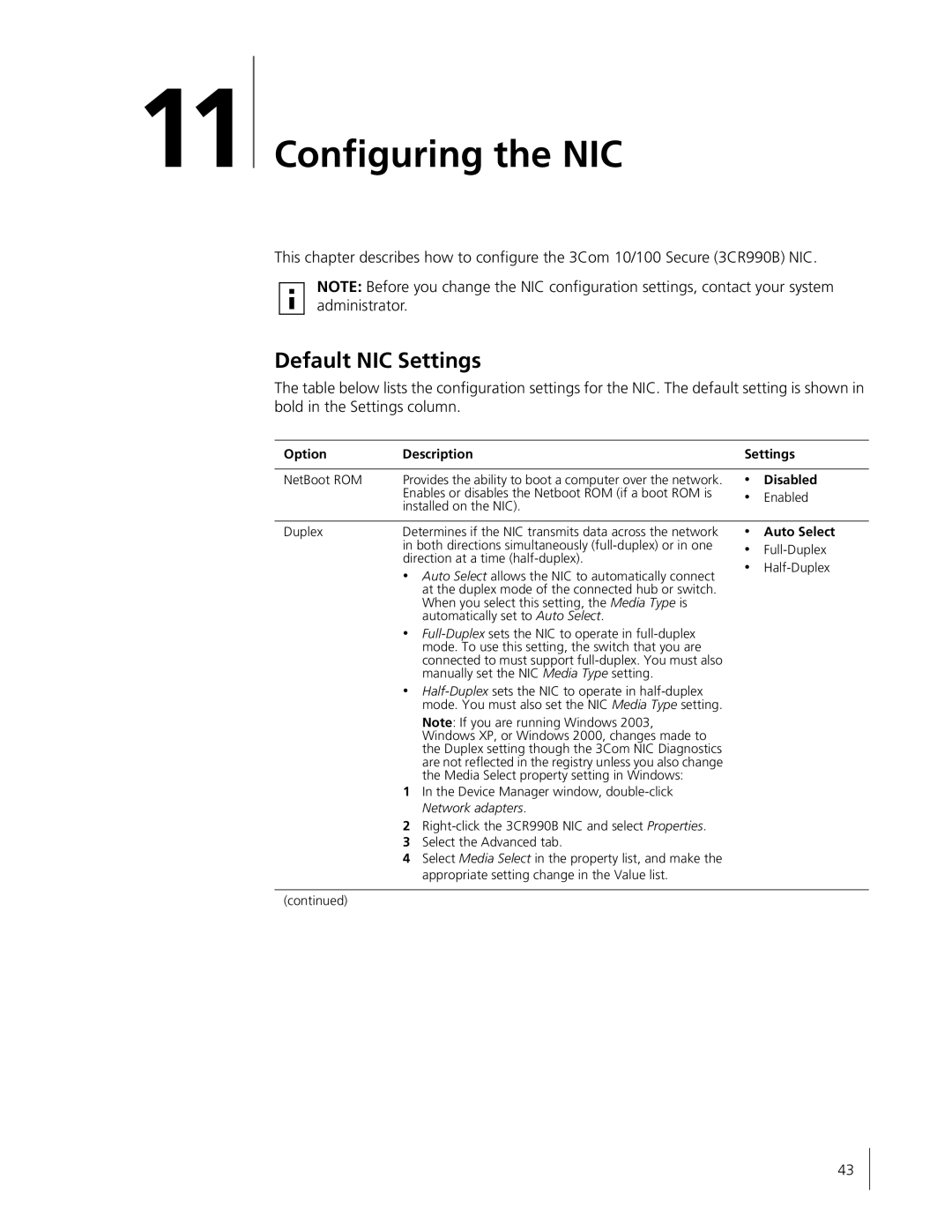 HP Embedded Firewall manual Configuring the NIC, Default NIC Settings, Option Description Settings, Disabled, Auto Select 