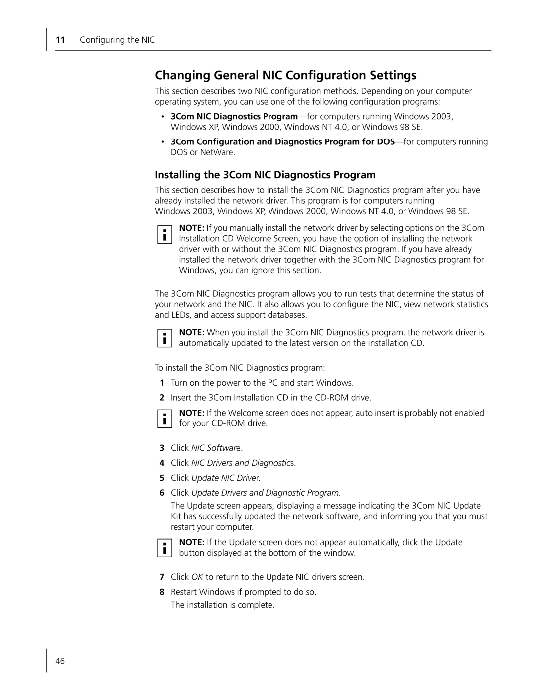 HP Embedded Firewall manual Changing General NIC Configuration Settings, Installing the 3Com NIC Diagnostics Program 