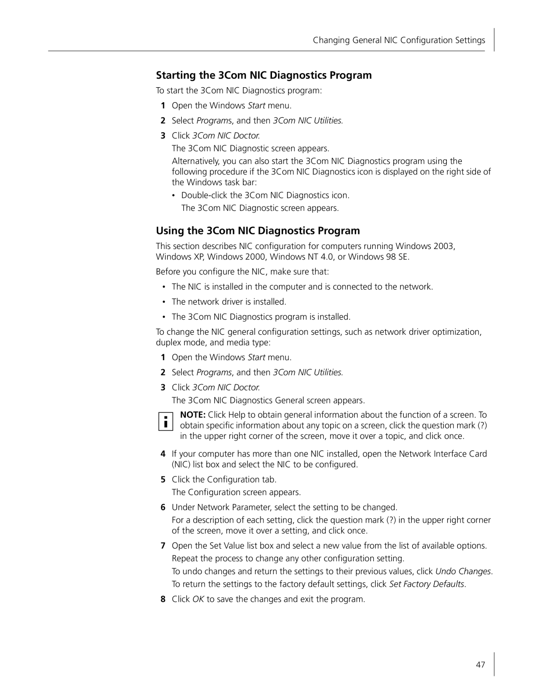 HP Embedded Firewall manual Starting the 3Com NIC Diagnostics Program, Using the 3Com NIC Diagnostics Program 