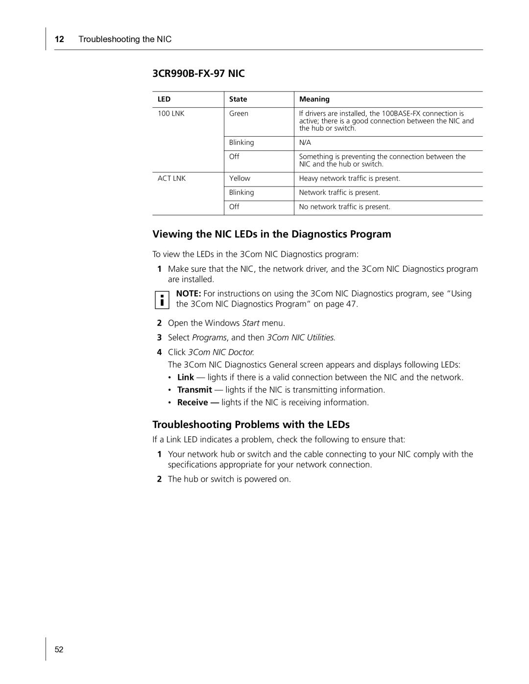 HP Embedded Firewall manual 3CR990B-FX-97 NIC, Viewing the NIC LEDs in the Diagnostics Program 