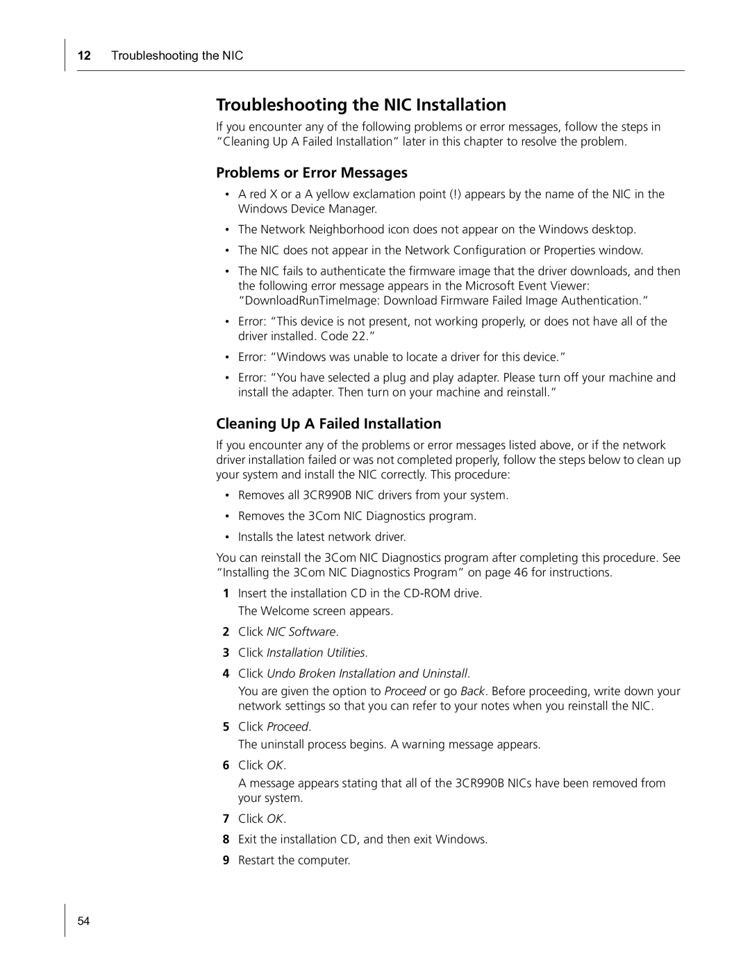 HP Embedded Firewall Troubleshooting the NIC Installation, Problems or Error Messages, Cleaning Up a Failed Installation 