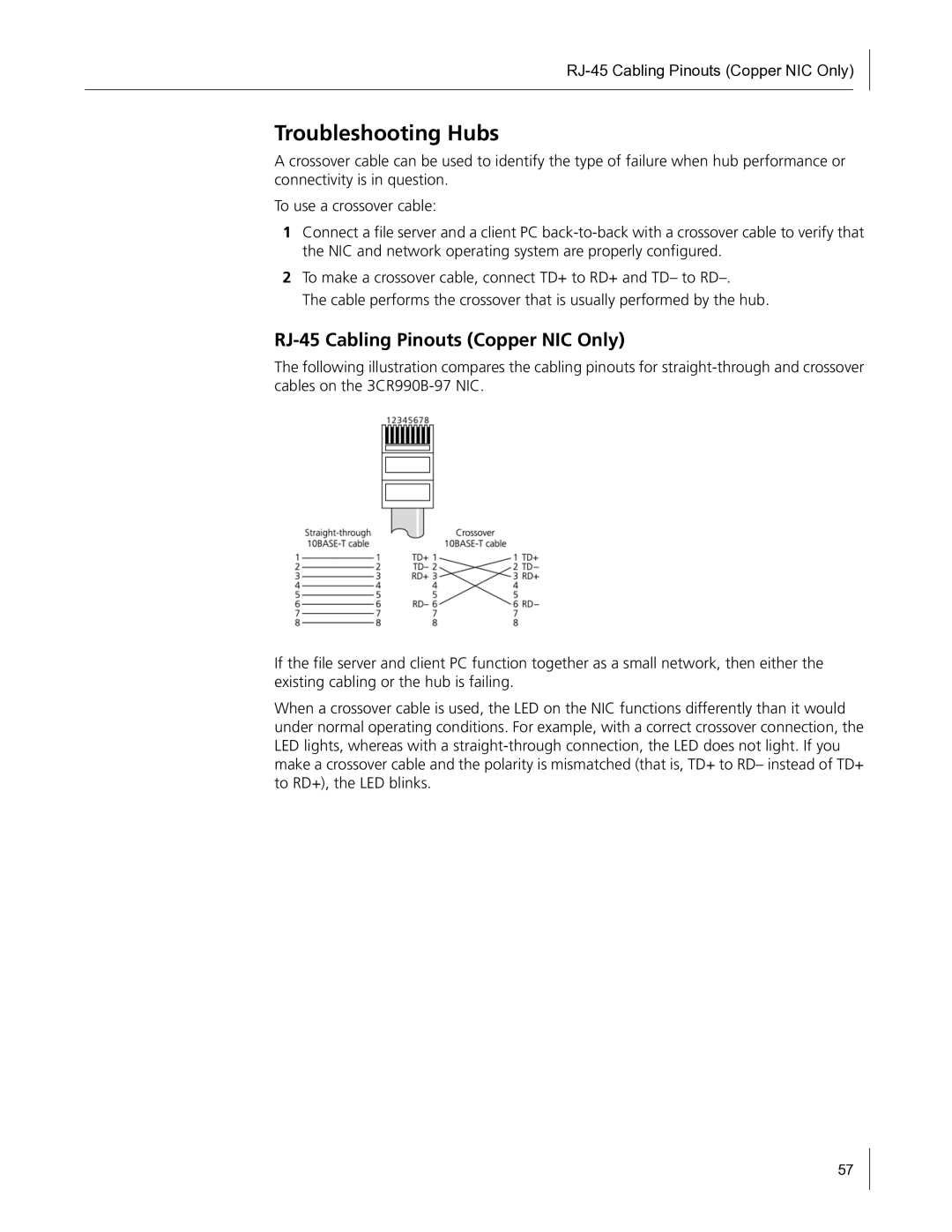 HP Embedded Firewall manual Troubleshooting Hubs, RJ-45 Cabling Pinouts Copper NIC Only 