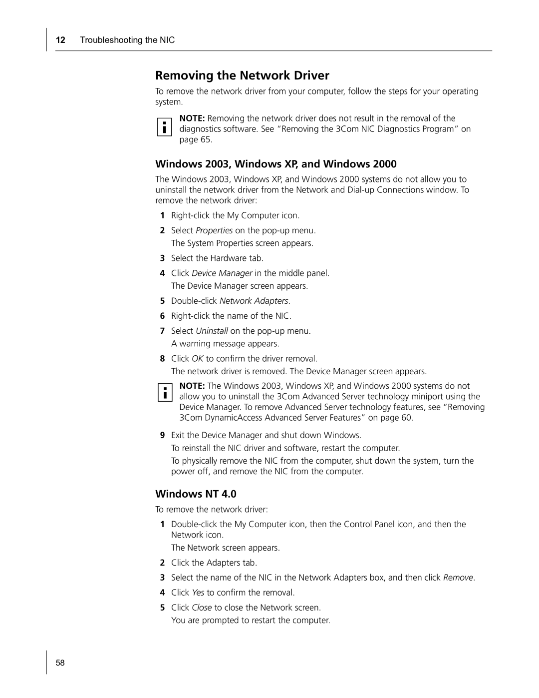 HP Embedded Firewall manual Removing the Network Driver, Windows 2003, Windows XP, and Windows, Windows NT 