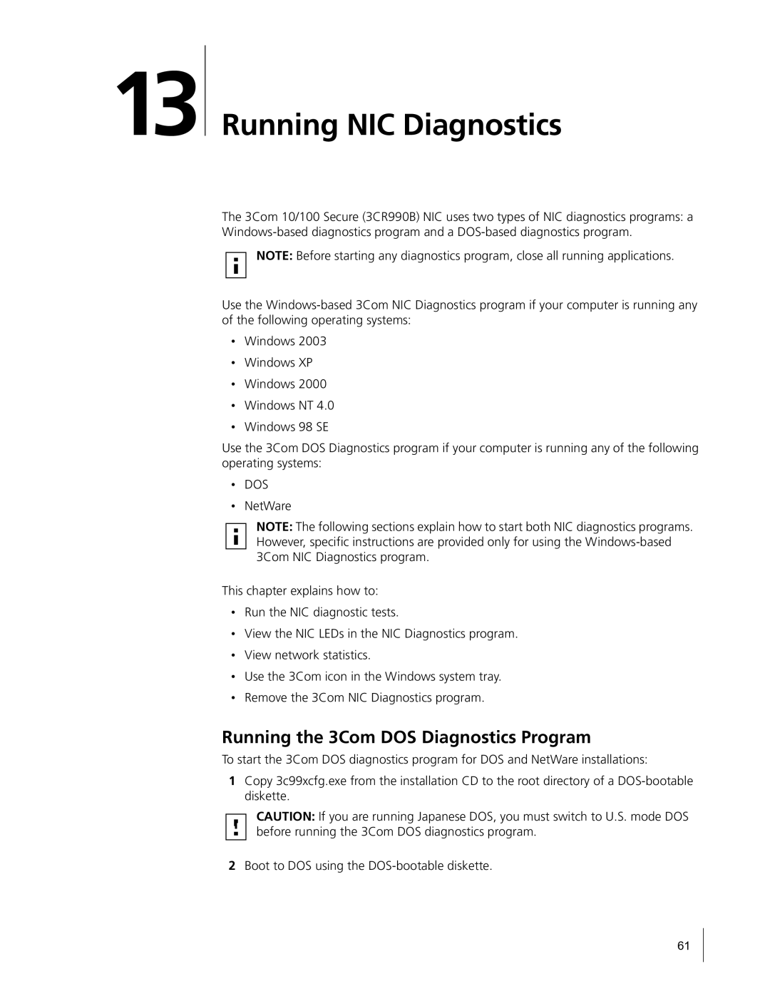 HP Embedded Firewall manual Running NIC Diagnostics, Running the 3Com DOS Diagnostics Program 