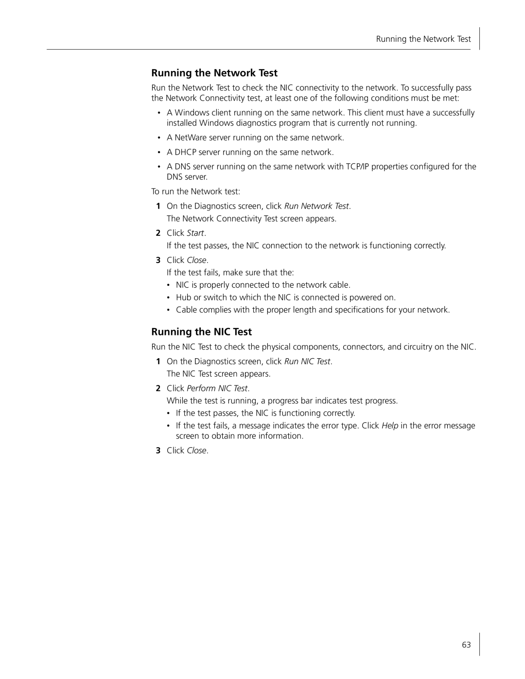 HP Embedded Firewall manual Running the Network Test, Running the NIC Test, Click Perform NIC Test 