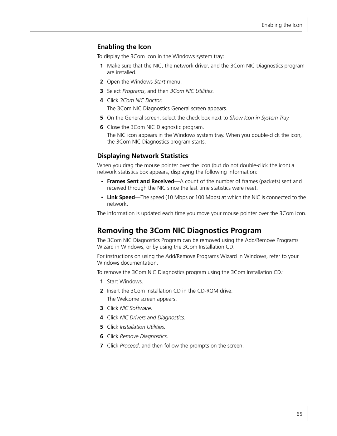 HP Embedded Firewall manual Removing the 3Com NIC Diagnostics Program, Enabling the Icon, Displaying Network Statistics 