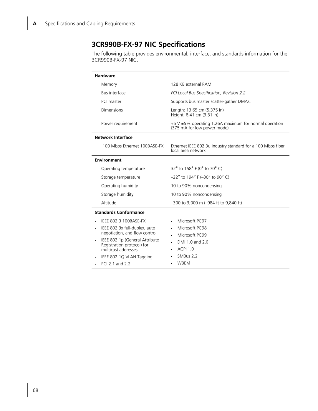 HP Embedded Firewall manual 3CR990B-FX-97 NIC Specifications 