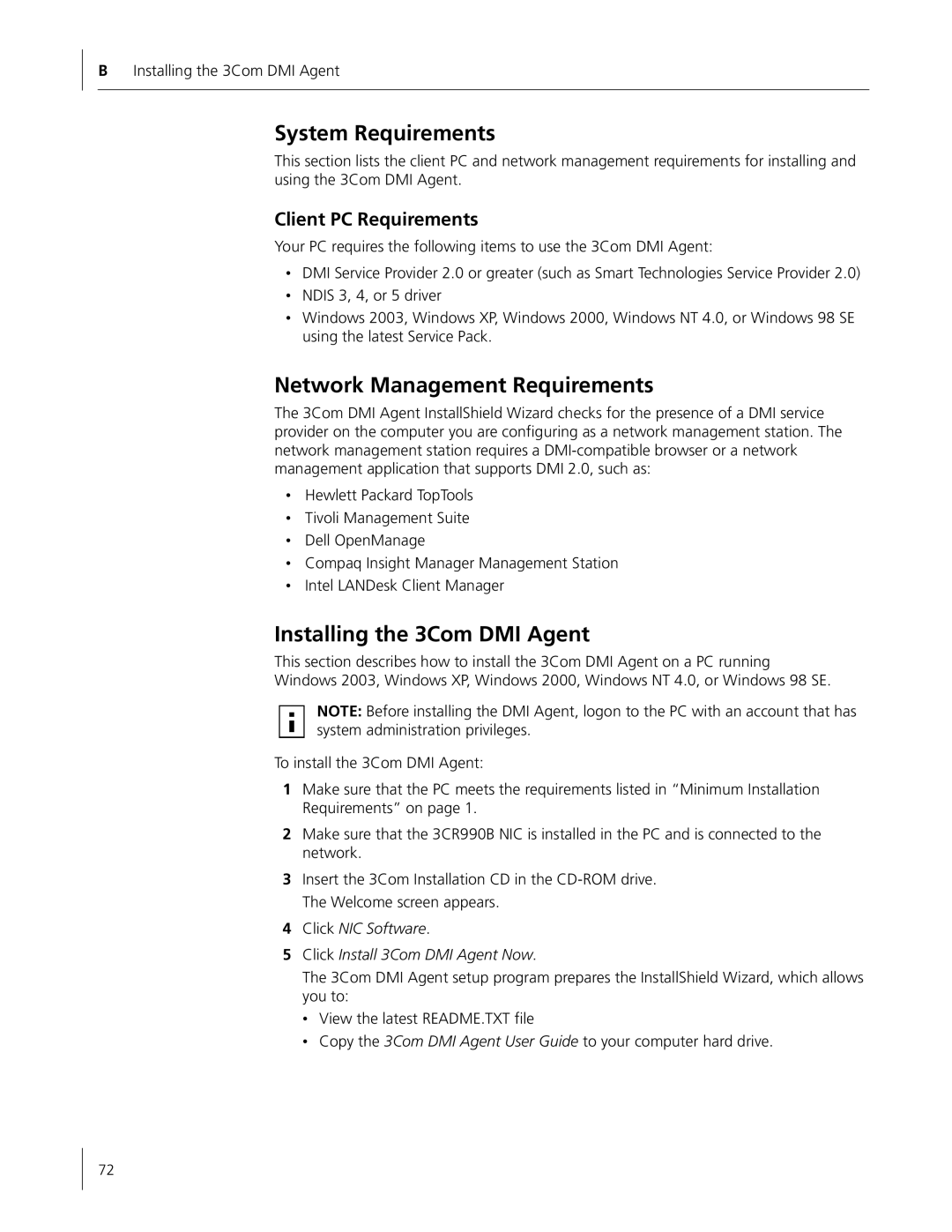 HP Embedded Firewall manual System Requirements, Network Management Requirements, Installing the 3Com DMI Agent 