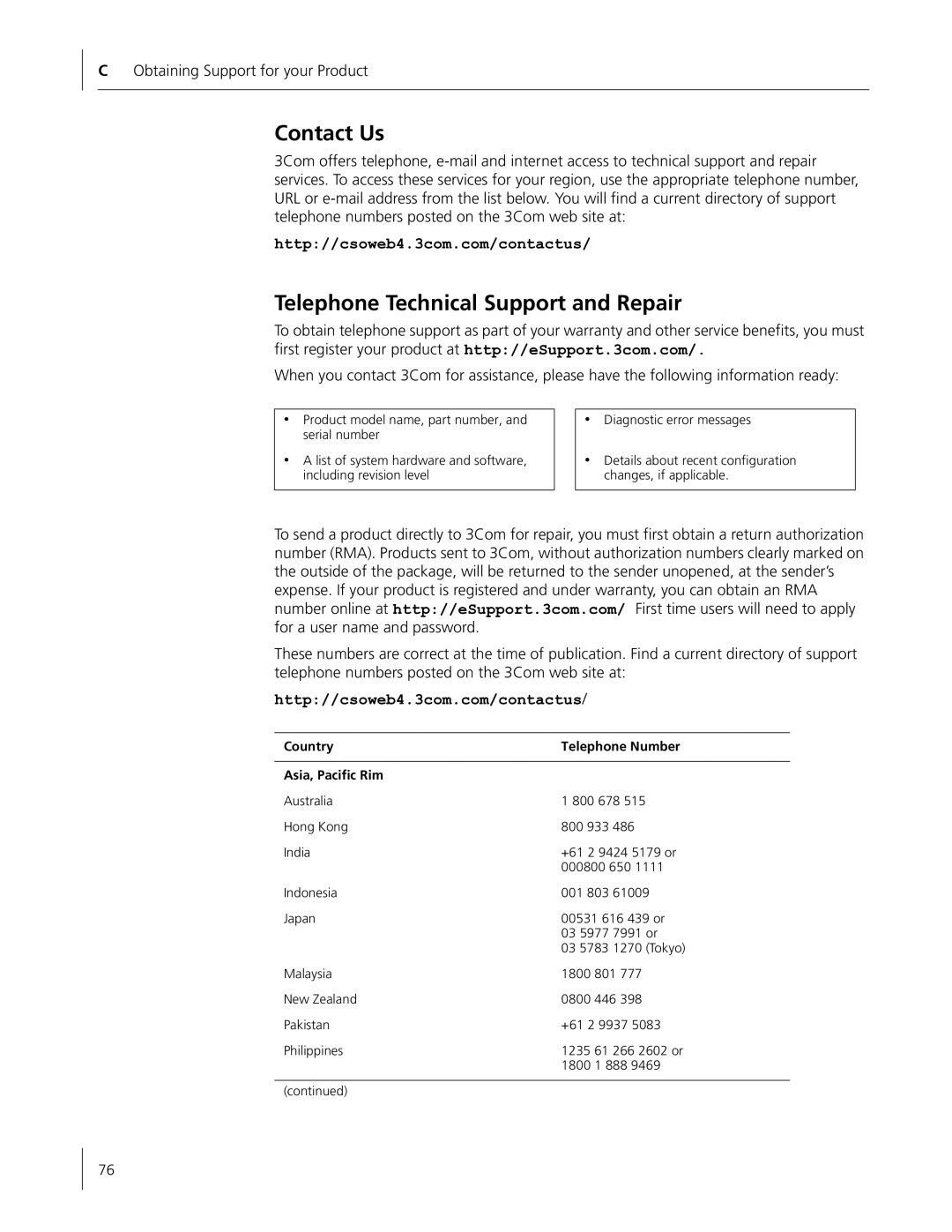 HP Embedded Firewall manual Contact Us, Telephone Technical Support and Repair, Country Telephone Number Asia, Pacific Rim 