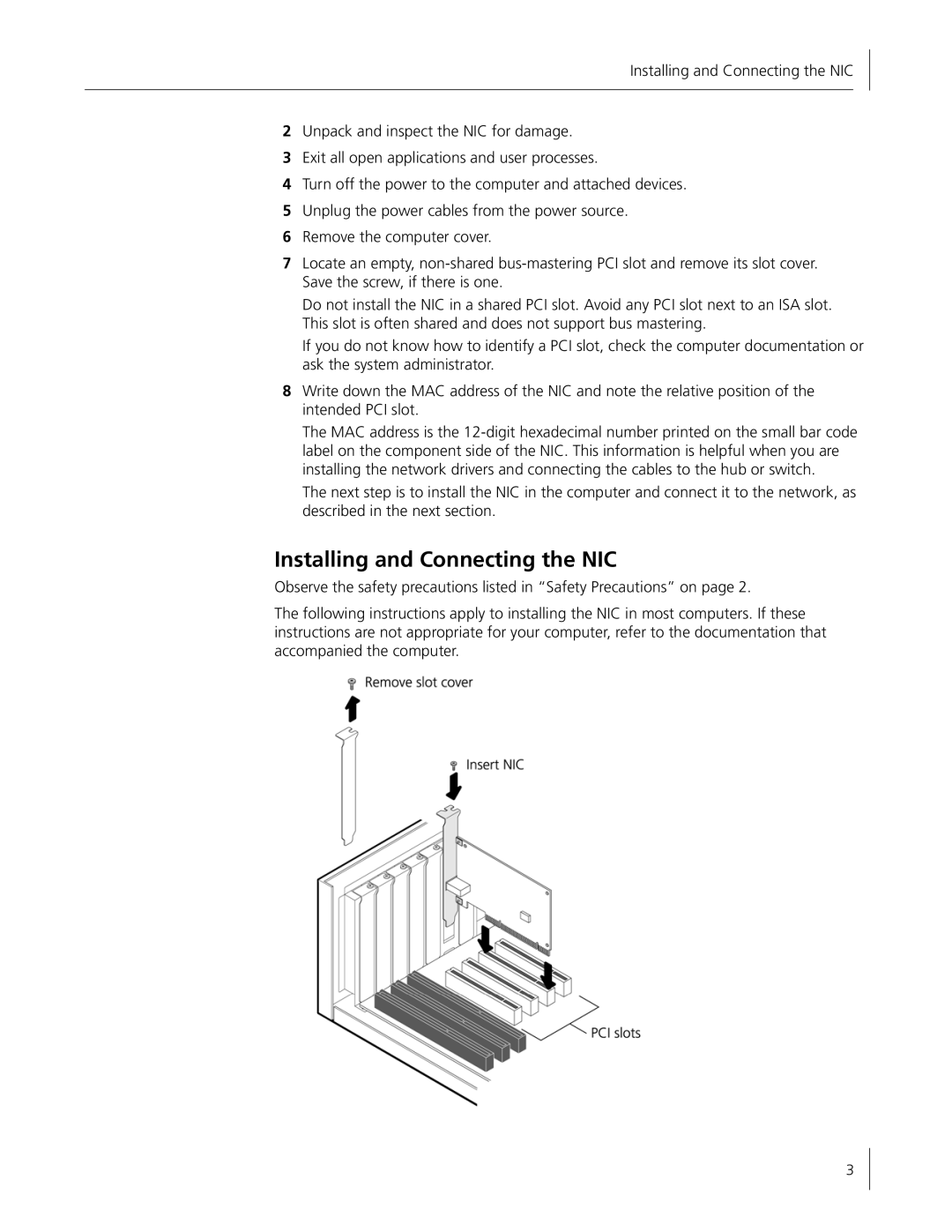 HP Embedded Firewall manual Installing and Connecting the NIC 