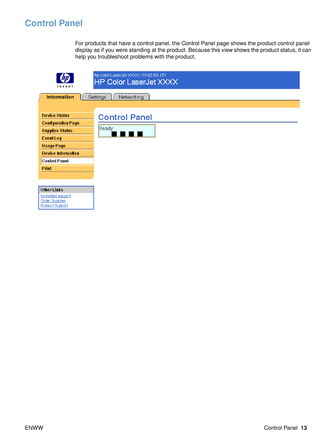 HP embedded web Server 4650, embedded web Server 3700 manual Control Panel 