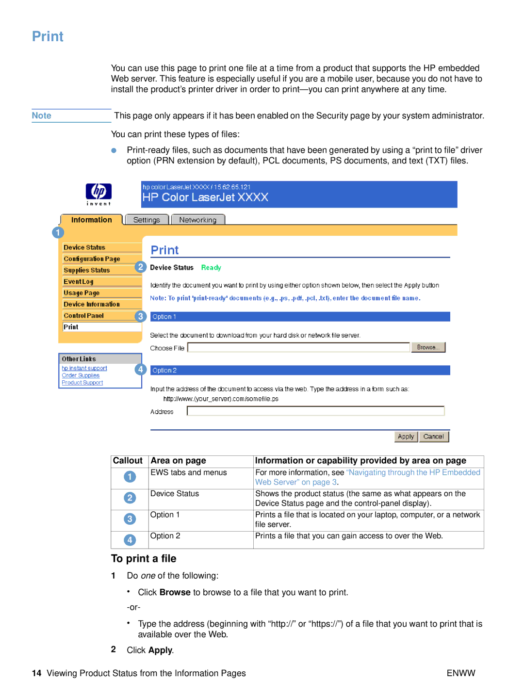 HP embedded web Server 3700, embedded web Server 4650 manual Print, To print a file 