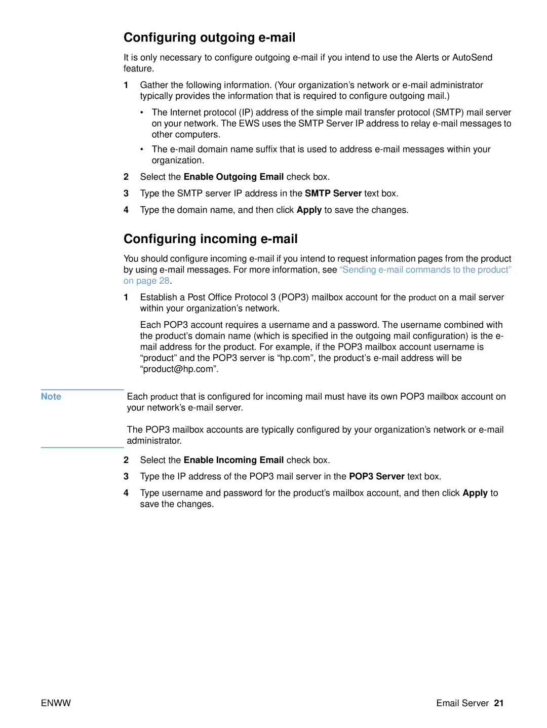 HP embedded web Server 4650, embedded web Server 3700 manual Configuring outgoing e-mail, Configuring incoming e-mail 