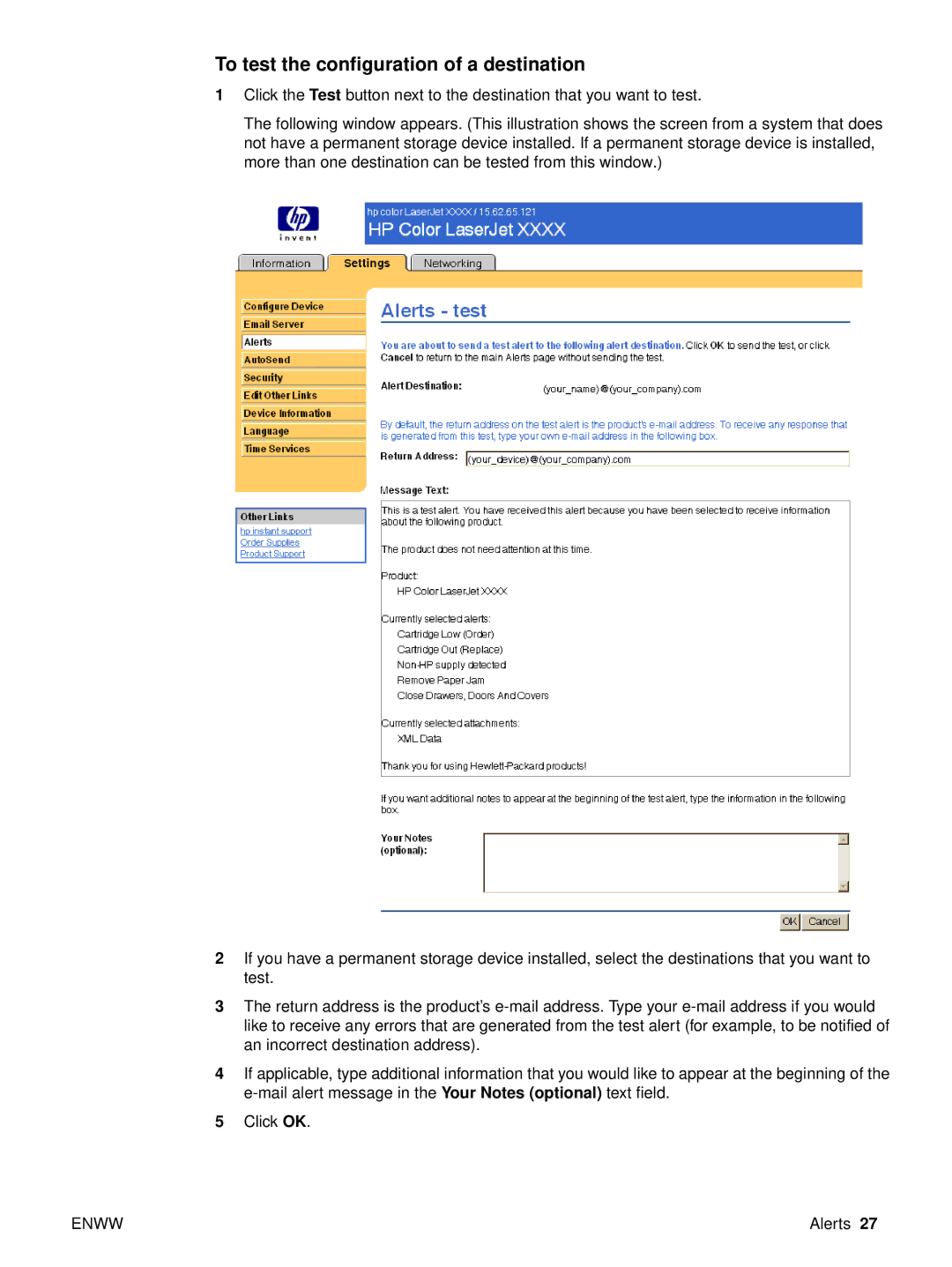 HP embedded web Server 4650, embedded web Server 3700 manual To test the configuration of a destination 