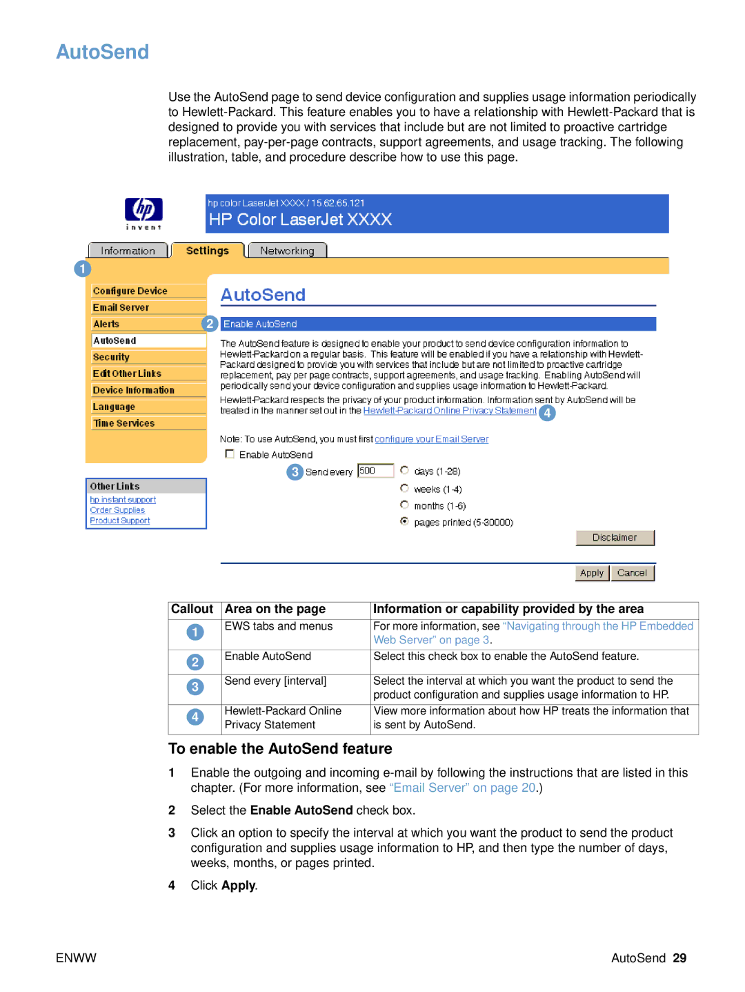 HP embedded web Server 4650, embedded web Server 3700 manual To enable the AutoSend feature 