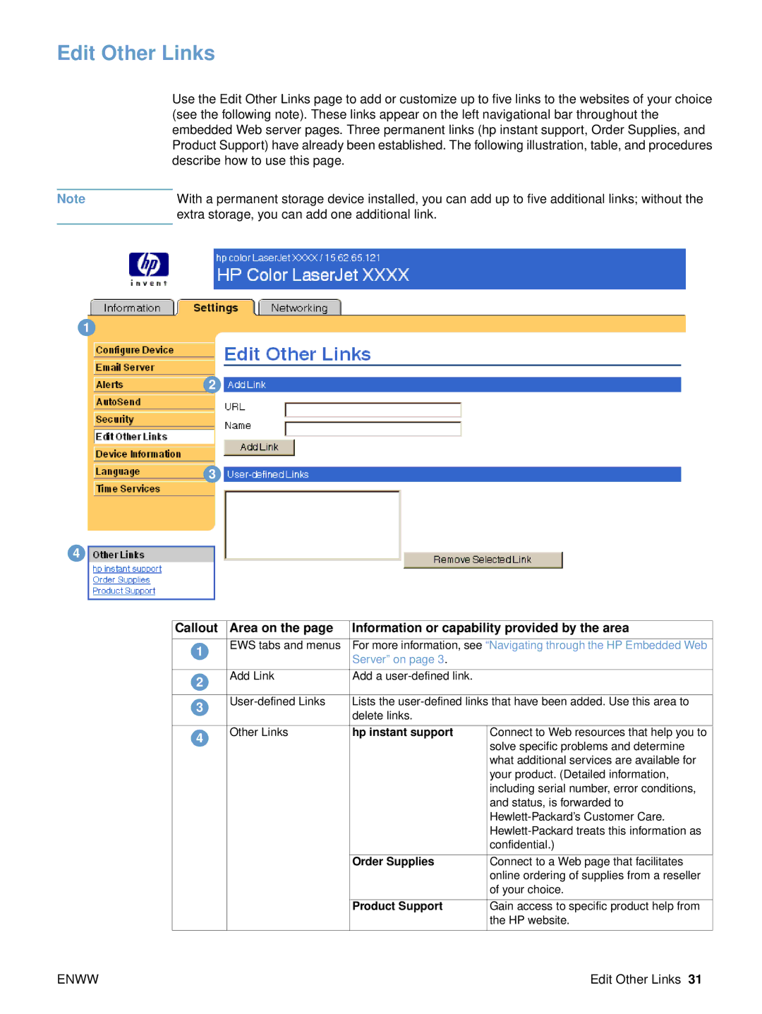 HP embedded web Server 4650, embedded web Server 3700 manual Edit Other Links, Hp instant support 