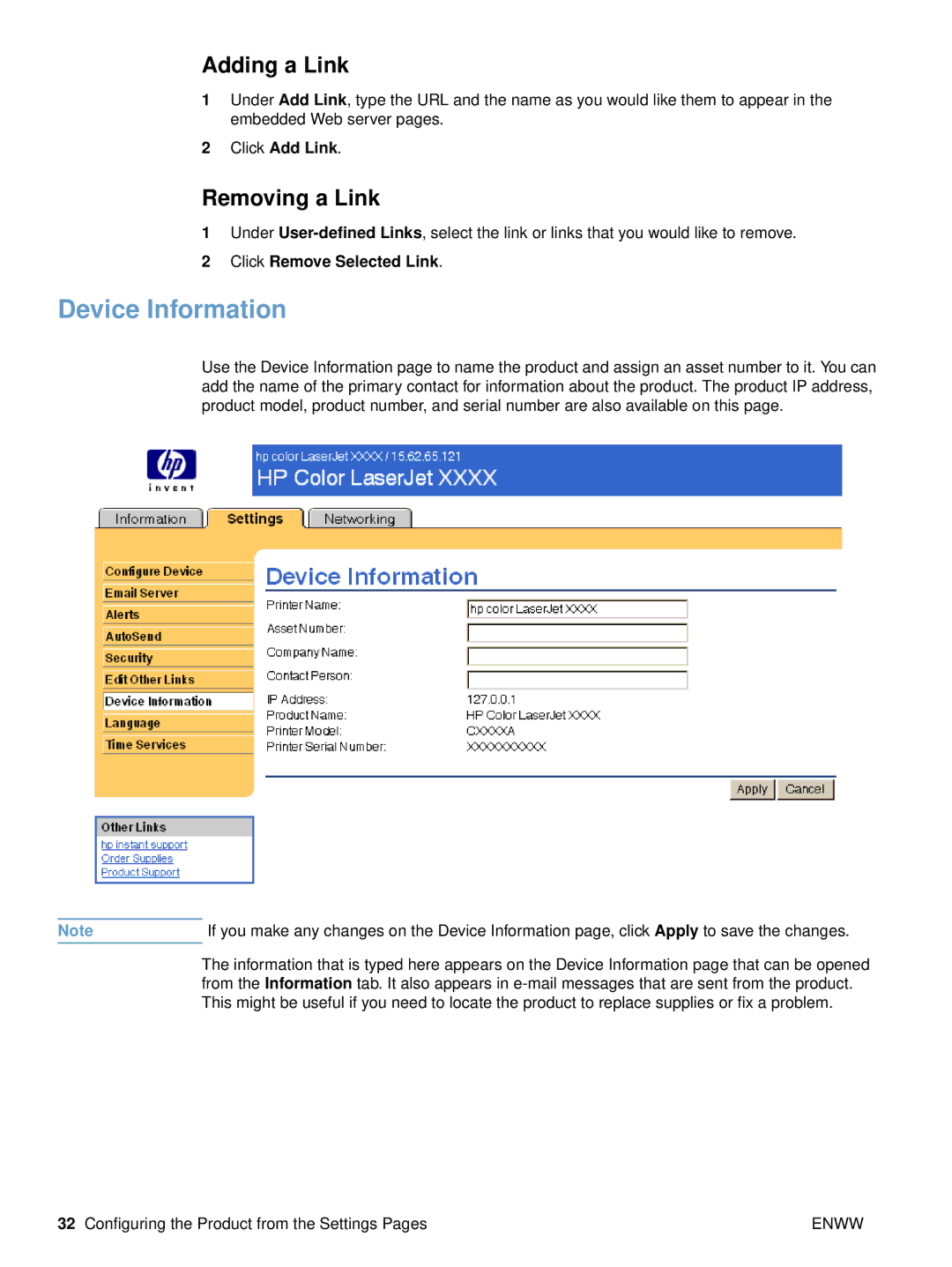 HP embedded web Server 3700, embedded web Server 4650 manual Adding a Link, Removing a Link 