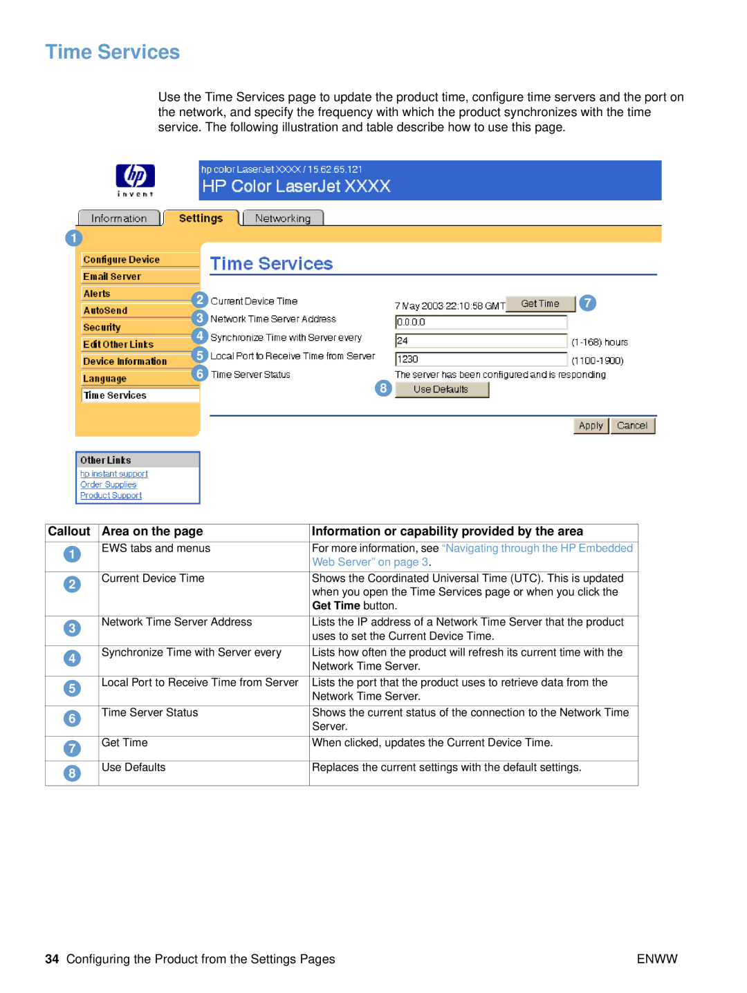 HP embedded web Server 3700, embedded web Server 4650 manual Time Services, Get Time button 