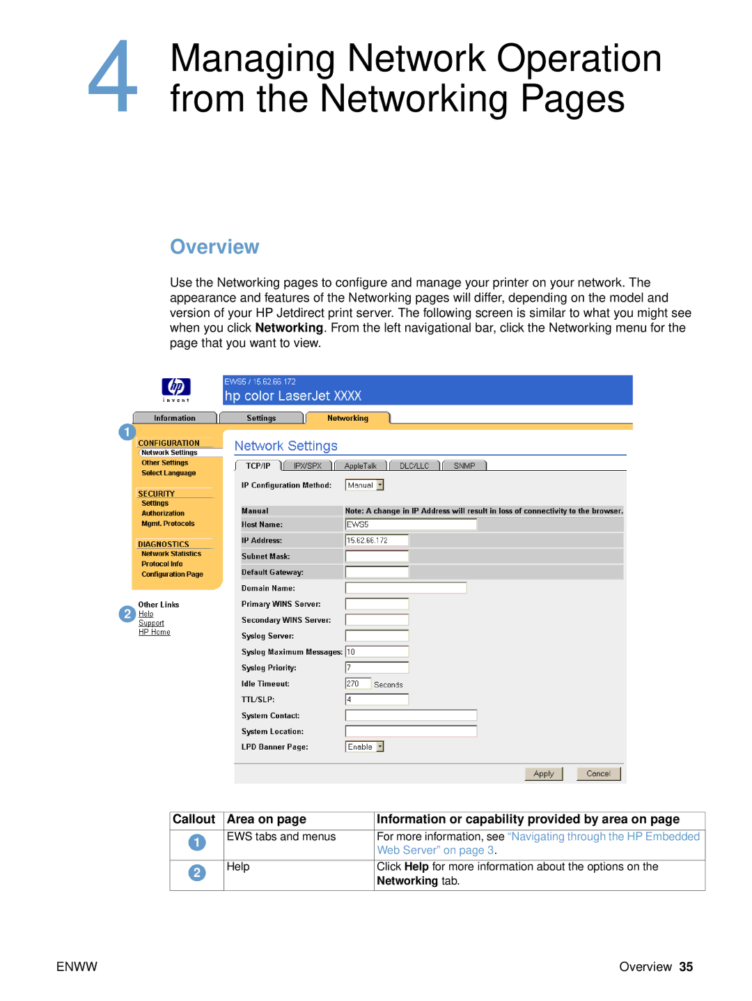 HP embedded web Server 4650, embedded web Server 3700 manual Managing Network Operation from the Networking Pages, Overview 