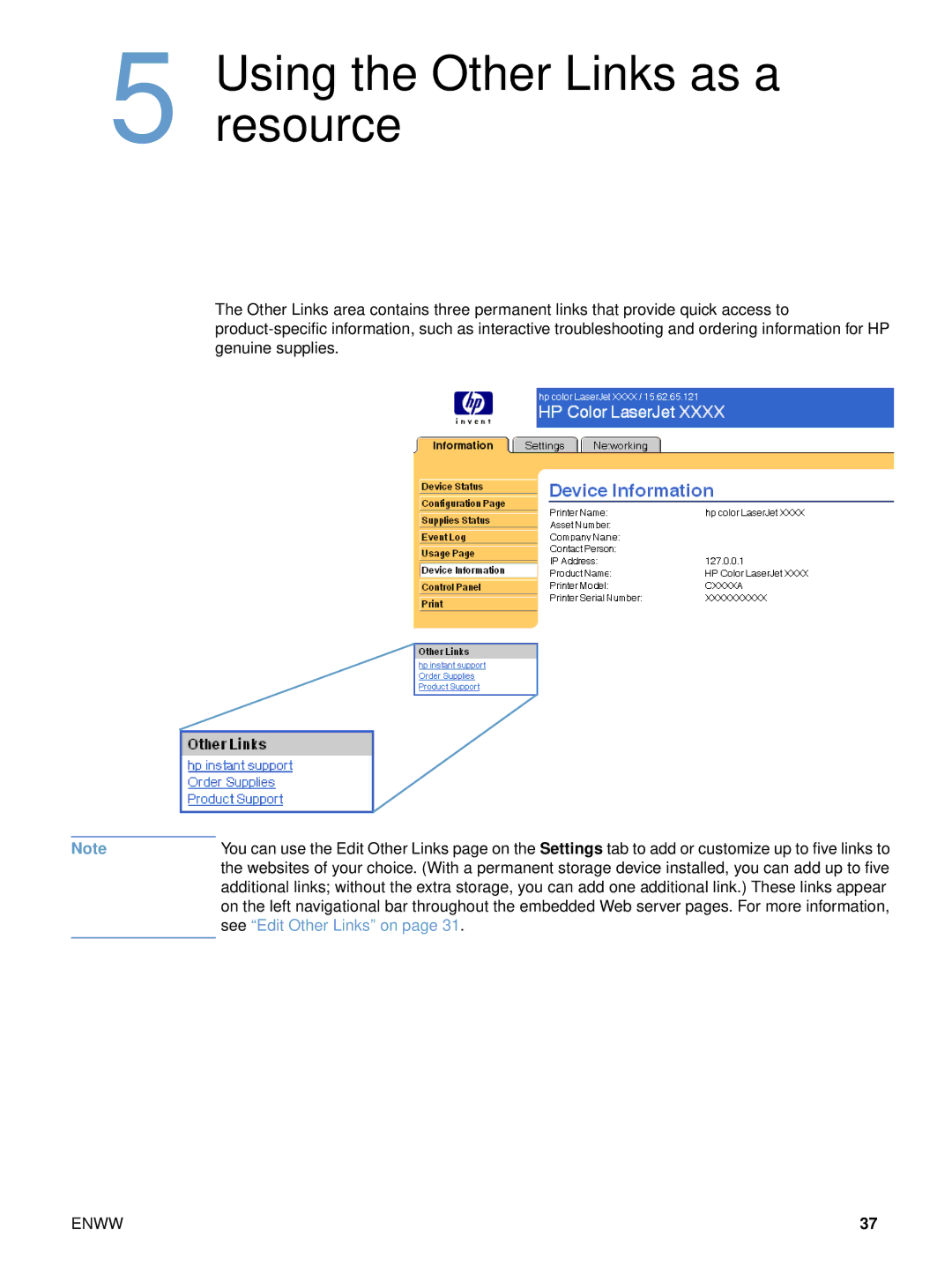 HP embedded web Server 4650, embedded web Server 3700 manual Using the Other Links as a resource 