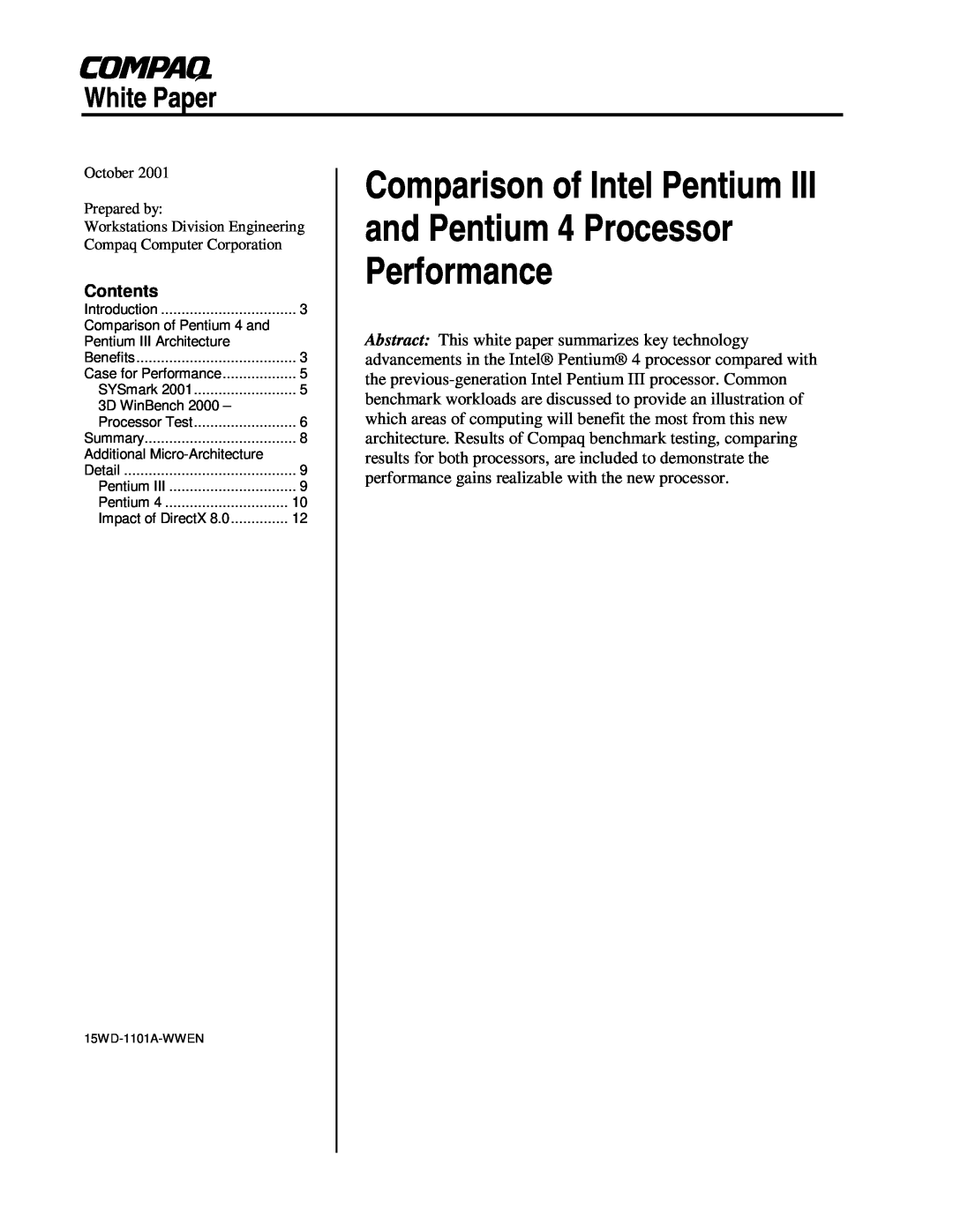 HP EN P600, EN P667/820 manual White Paper, Comparison of Intel Pentium and Pentium 4 Processor Performance, Contents 