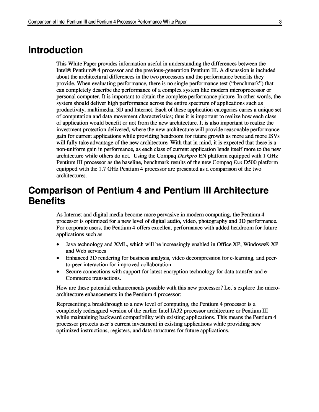 HP EN P667/820, EN P600, EN P550, EN P650 Introduction, Comparison of Pentium 4 and Pentium III Architecture Benefits 