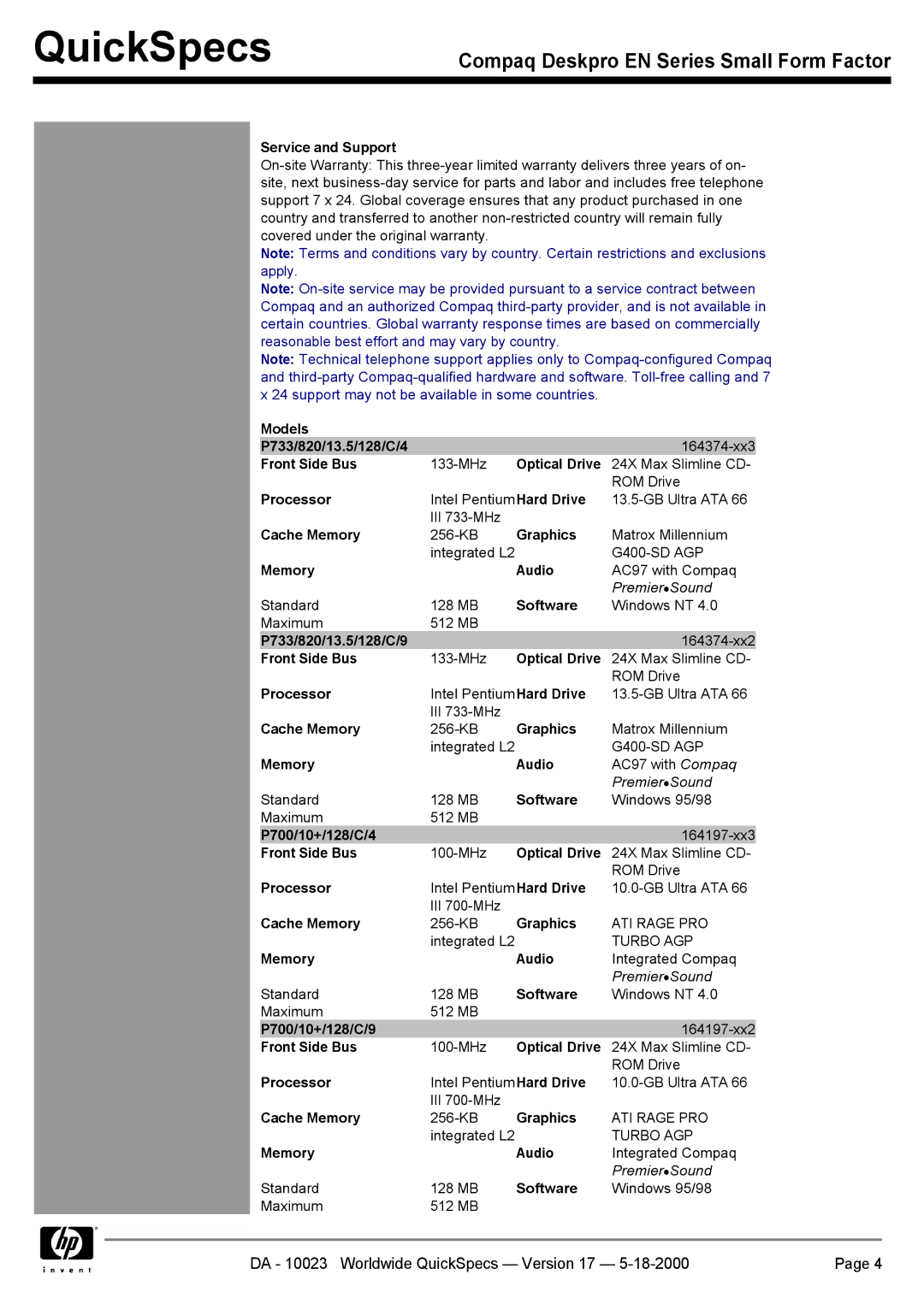 HP EN manual Service and Support, Models P733/820/13.5/128/C/4, Front Side Bus, Optical Drive, Cache Memory, Graphics 