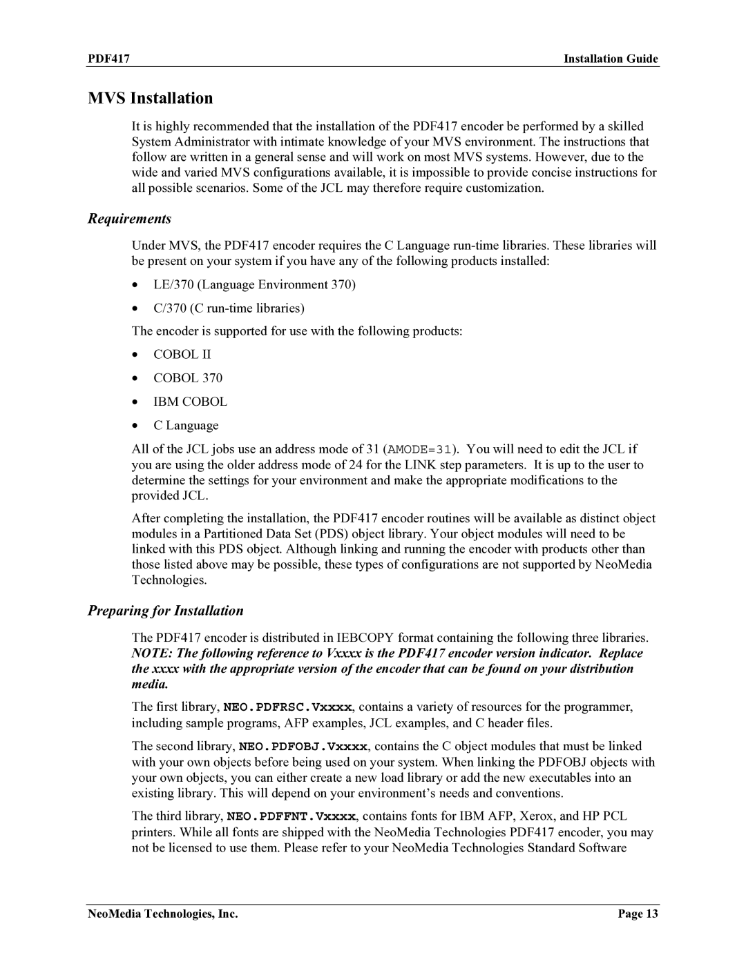 HP Encoder PDF417 manual MVS Installation, IBM Cobol 