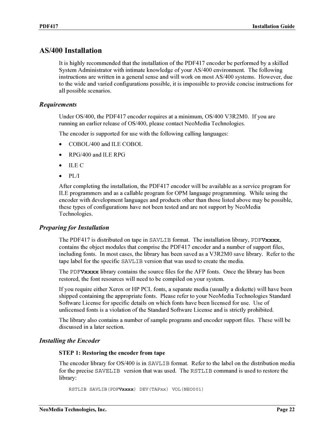 HP Encoder PDF417 manual AS/400 Installation, Restoring the encoder from tape 