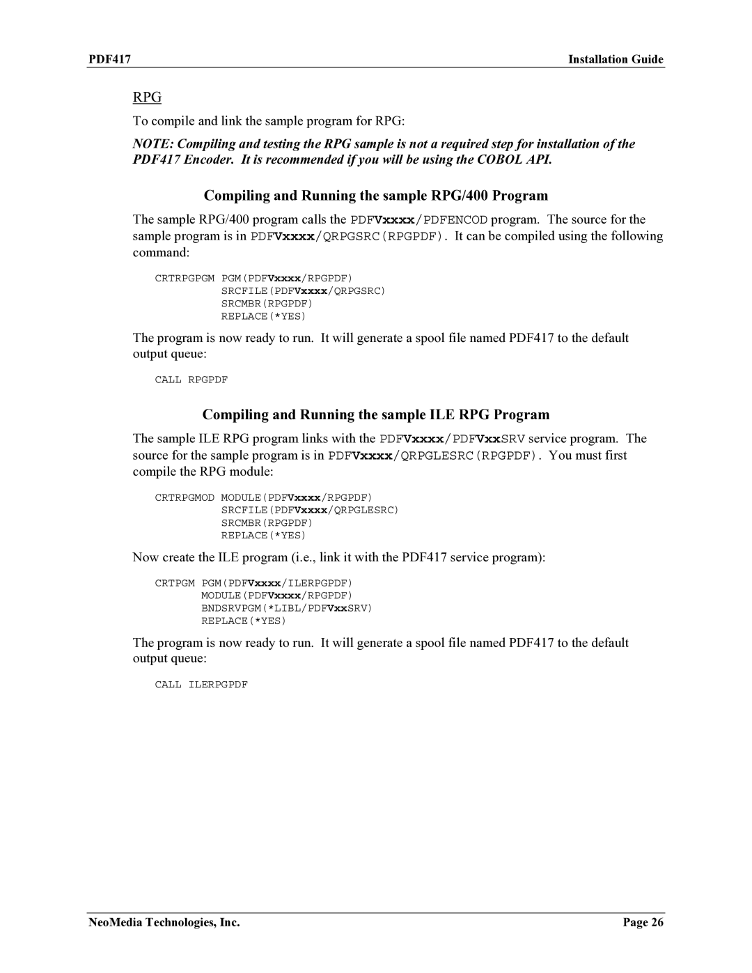 HP Encoder PDF417 manual Compiling and Running the sample RPG/400 Program 