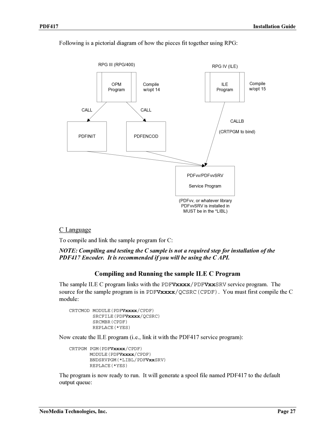 HP Encoder PDF417 manual Compiling and Running the sample ILE C Program 