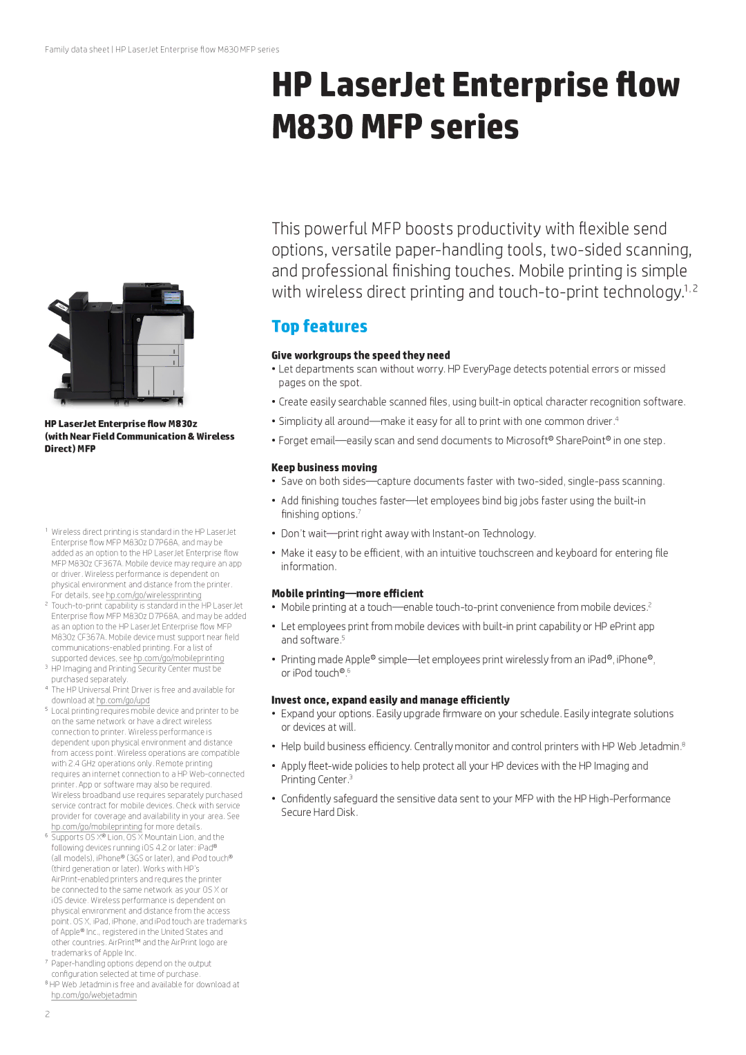 HP Ent Flow M830z D7P68AAAZ manual Top features, Give workgroups the speed they need, Keep business moving 