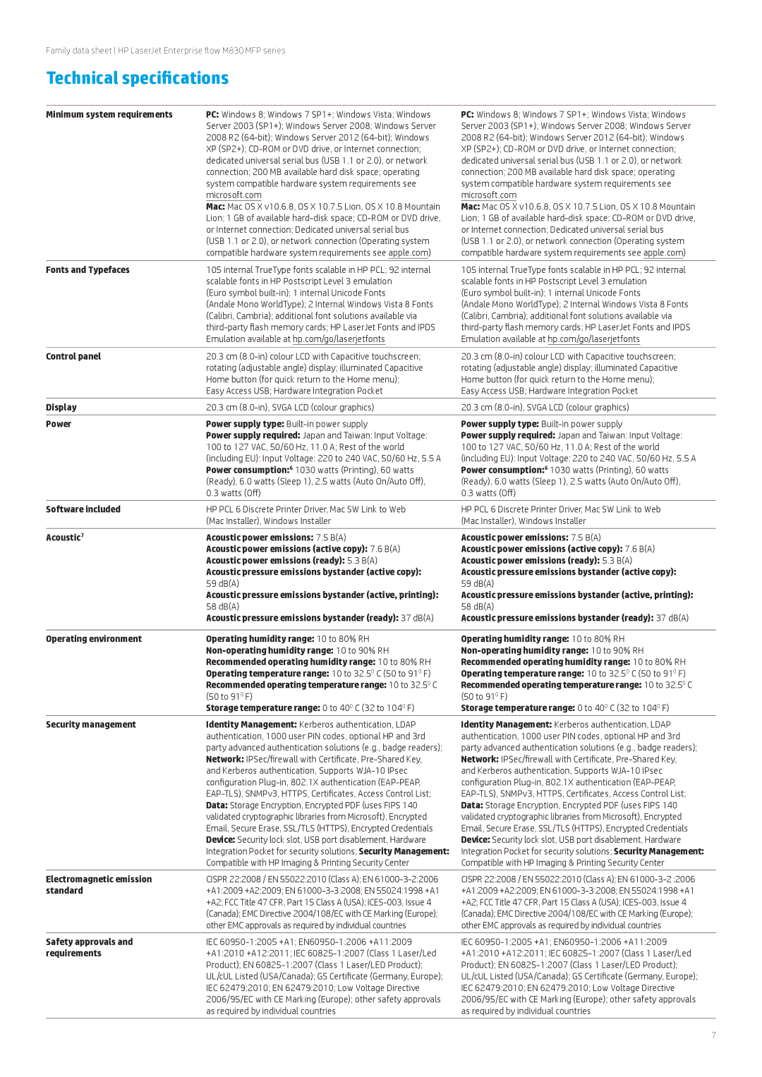 HP Ent Flow M830z D7P68AAAZ Minimum system requirements, Fonts and Typefaces, Control panel, Display, Power, Standard 