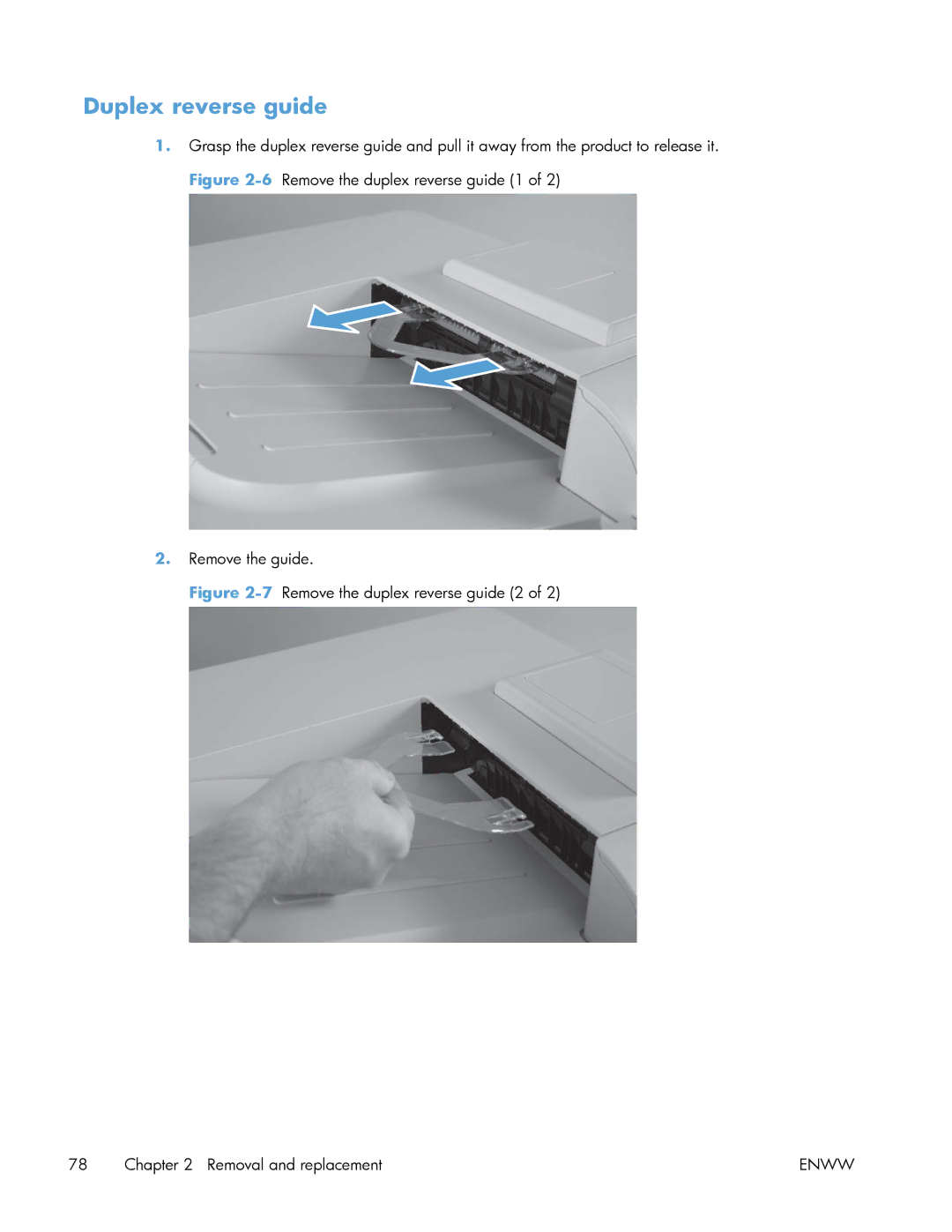 HP Enterprise 500 manual Duplex reverse guide, 7Remove the duplex reverse guide 2 Removal and replacement 