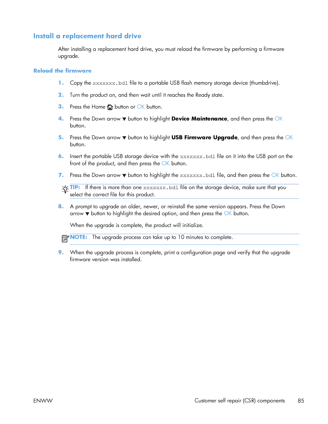 HP Enterprise 500 manual Install a replacement hard drive, Reload the firmware 