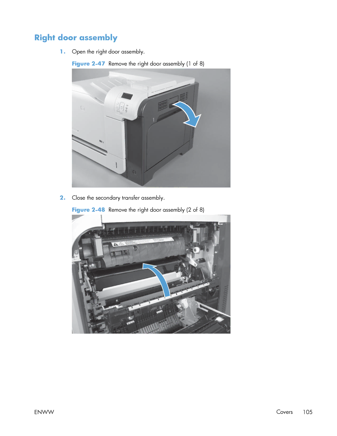 HP Enterprise 500 manual Right door assembly, 48Remove the right door assembly 2 