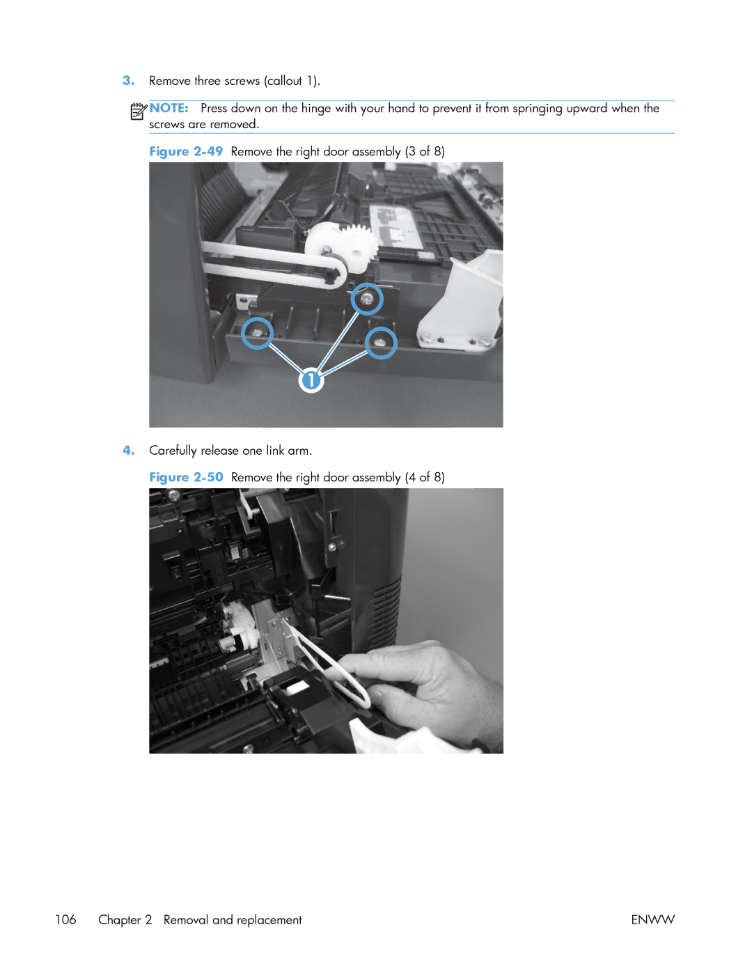 HP Enterprise 500 manual 50Remove the right door assembly 4 Removal and replacement 