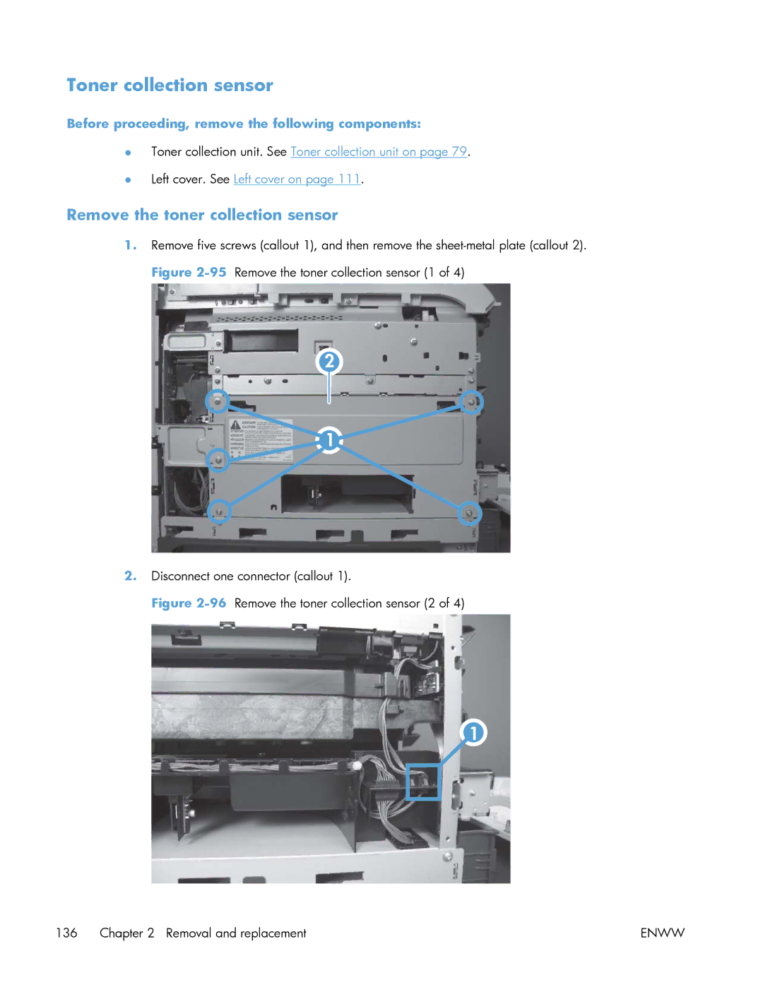 HP Enterprise 500 manual Toner collection sensor, Remove the toner collection sensor 