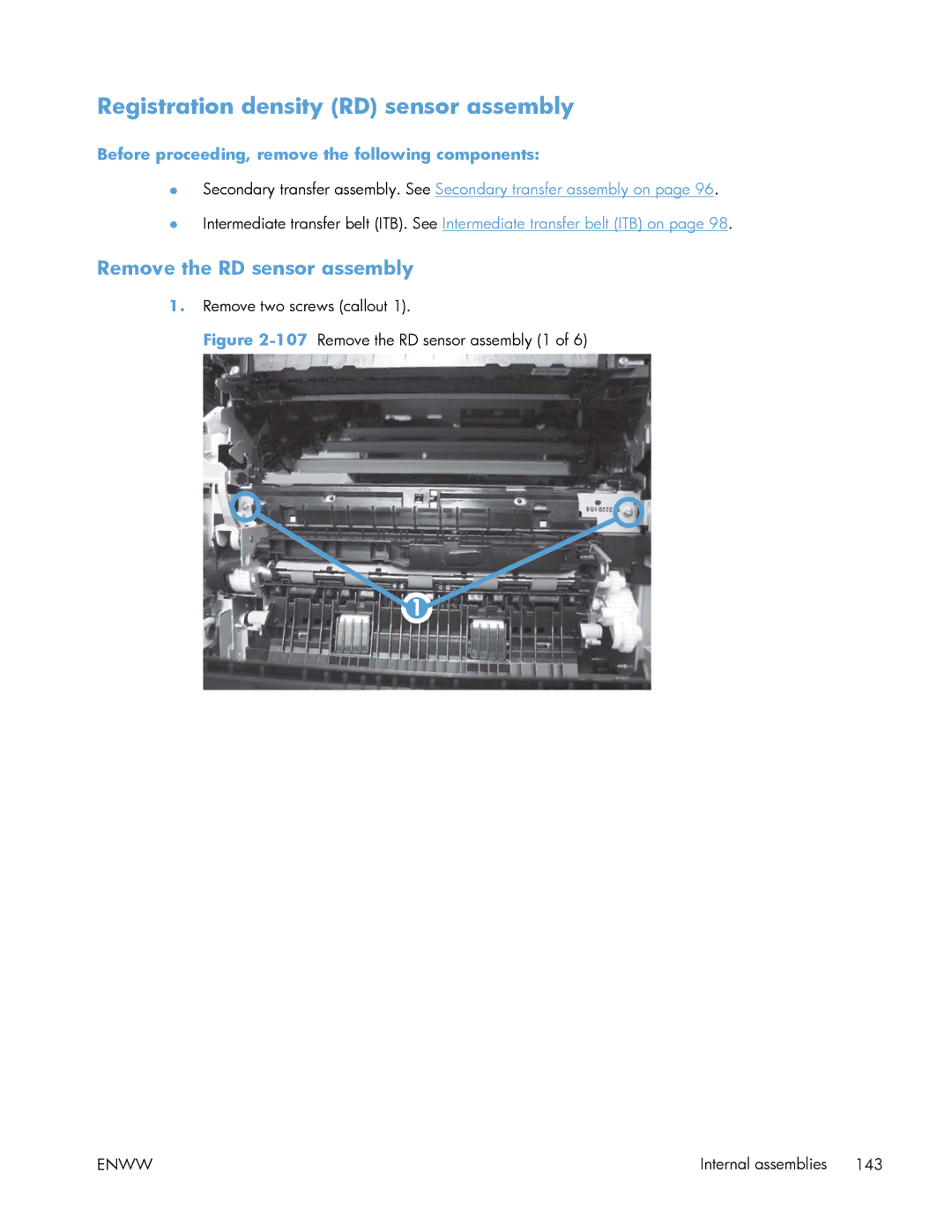 HP Enterprise 500 manual Registration density RD sensor assembly, Remove the RD sensor assembly 