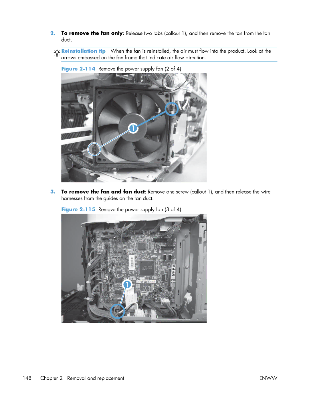 HP Enterprise 500 manual 115Remove the power supply fan 3 Removal and replacement 