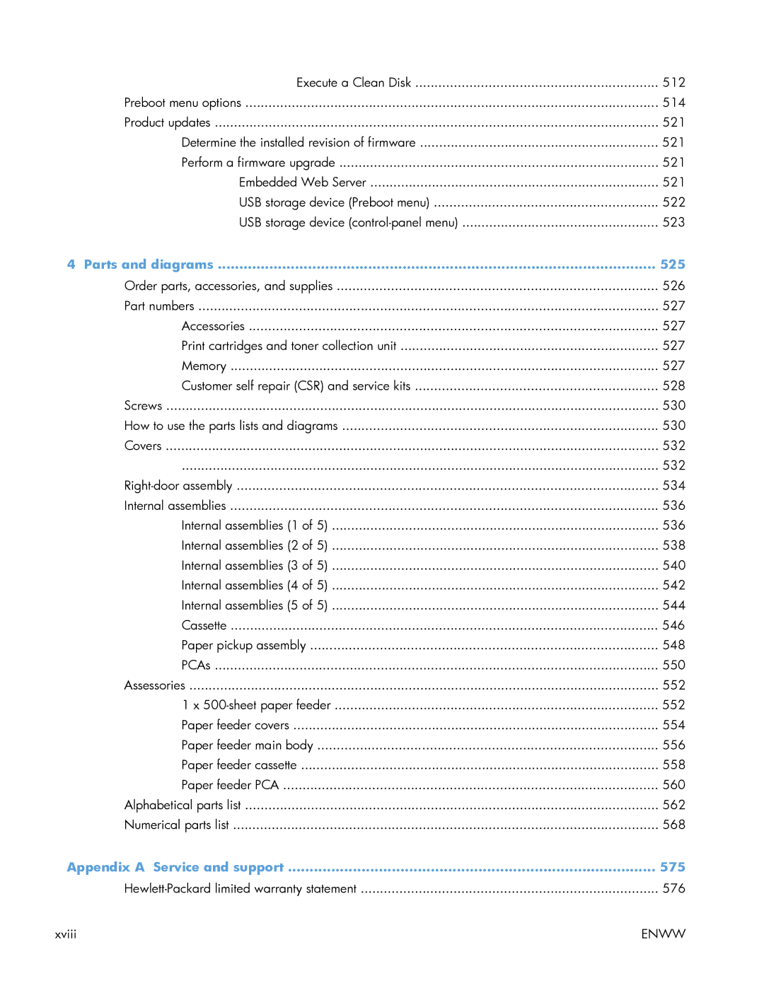 HP Enterprise 500 manual Parts and diagrams 525, Appendix a Service and support 575 