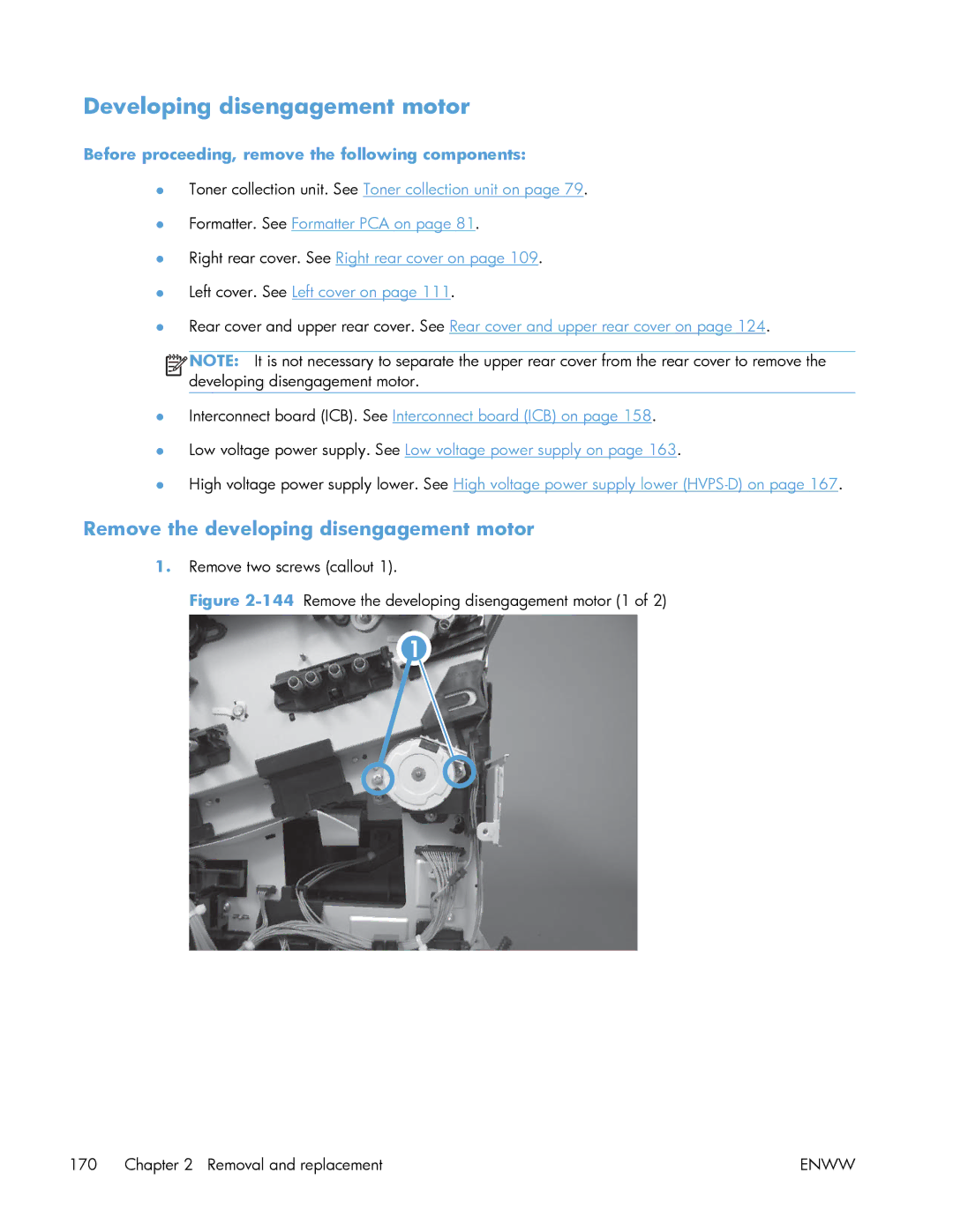 HP Enterprise 500 manual Developing disengagement motor, Remove the developing disengagement motor 