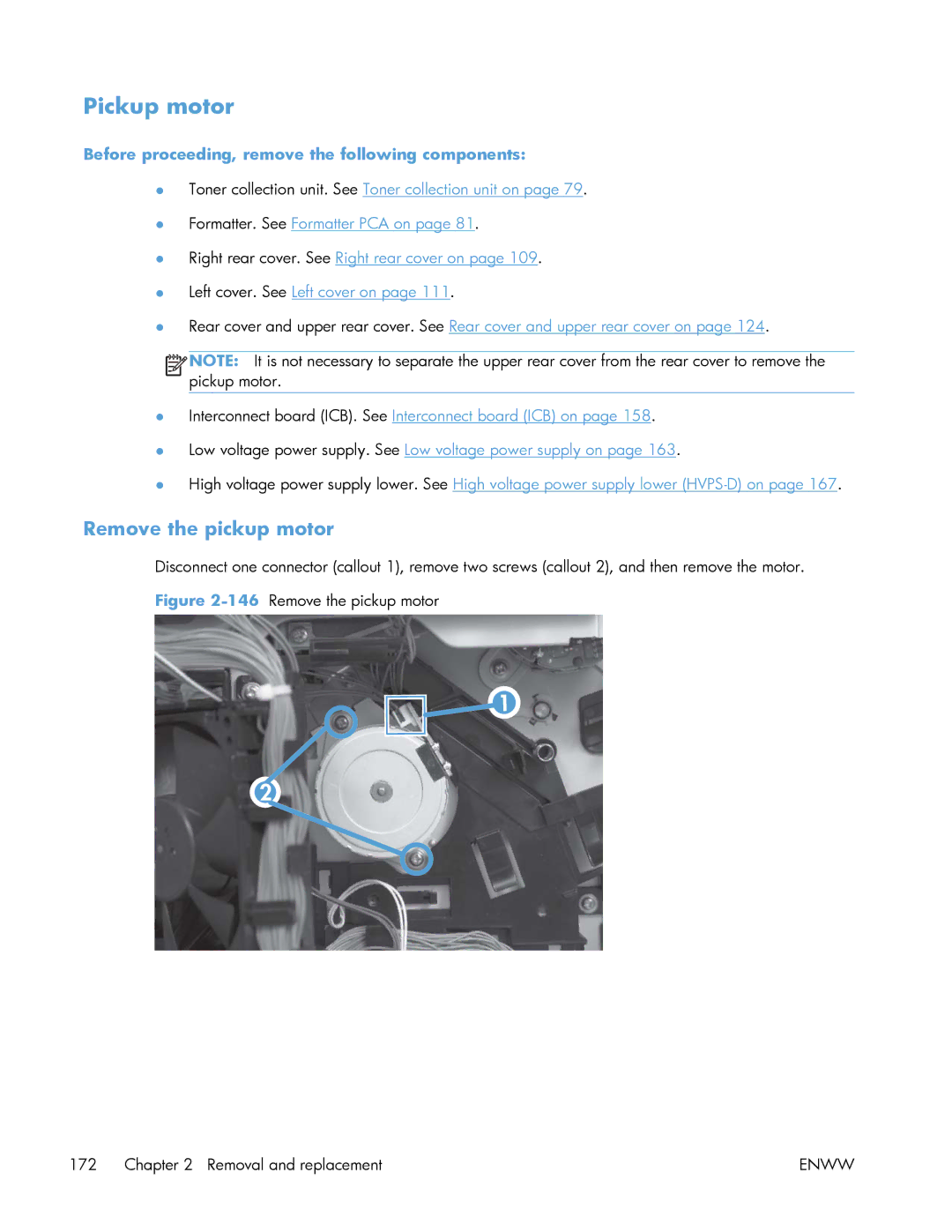 HP Enterprise 500 manual Pickup motor, Remove the pickup motor 