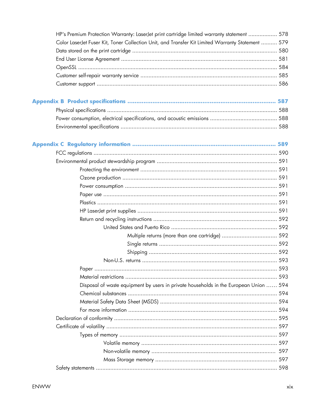 HP Enterprise 500 manual Appendix B Product specifications 587, Appendix C Regulatory information 589 