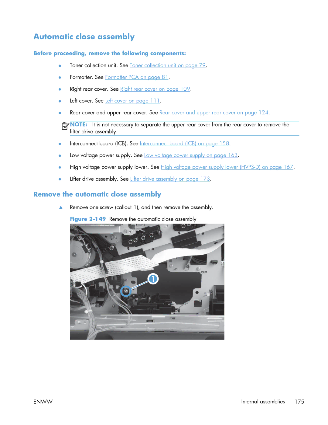 HP Enterprise 500 manual Automatic close assembly, Remove the automatic close assembly 