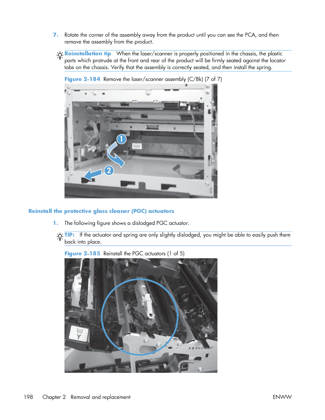 HP Enterprise 500 manual 184Remove the laser/scanner assembly C/Bk 7, Reinstall the protective glass cleaner PGC actuators 