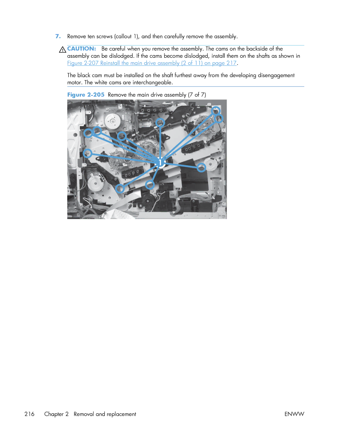 HP Enterprise 500 manual 205Remove the main drive assembly 7 Removal and replacement 