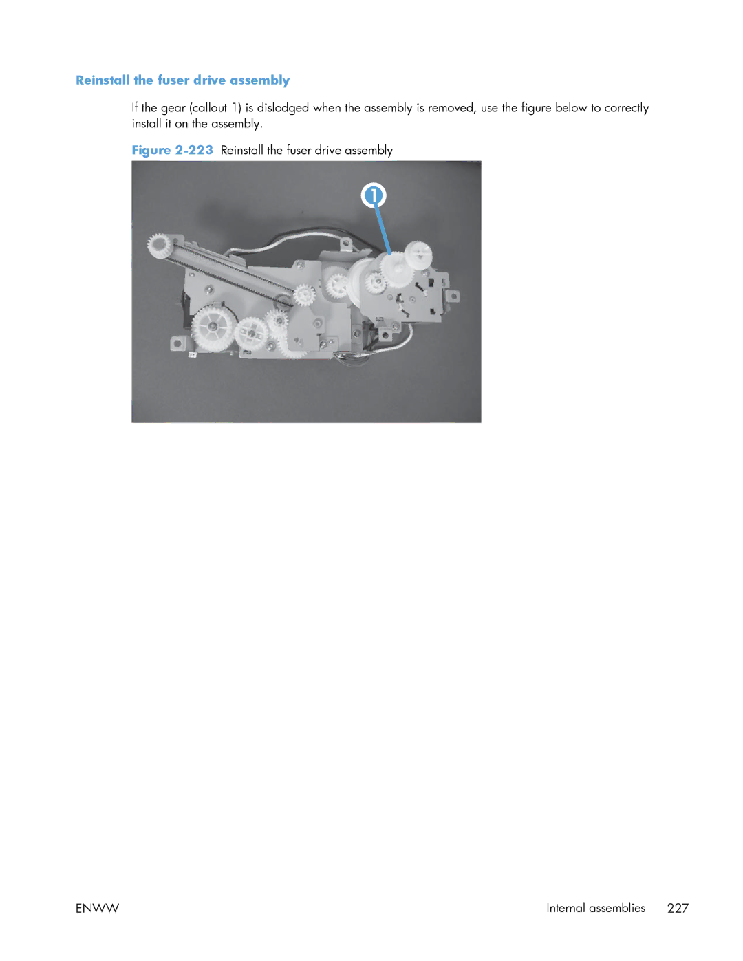 HP Enterprise 500 manual 223Reinstall the fuser drive assembly 